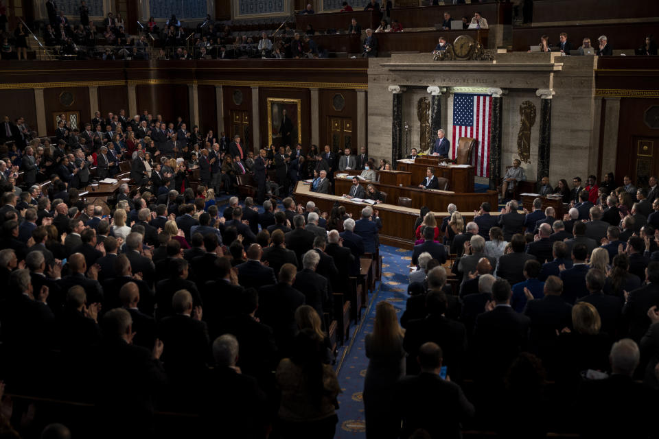 Rep. Kevin McCarthy gives a speech before being sworn in as speaker of the House