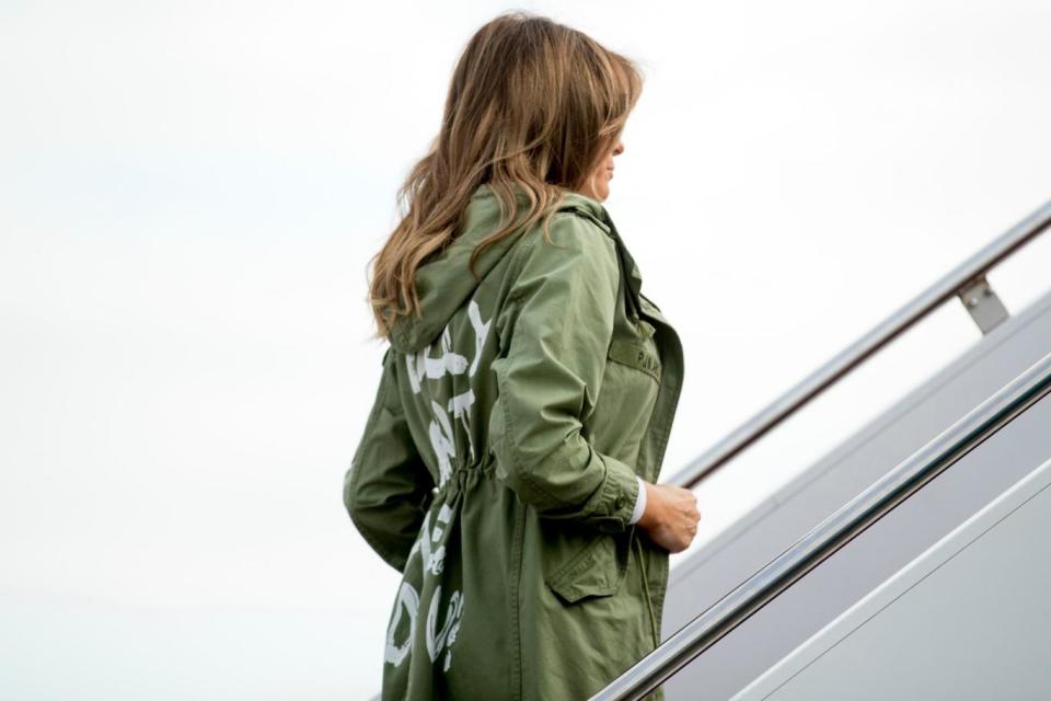 The First Lady wore a jacket with the words emblazoned on the back (AP)