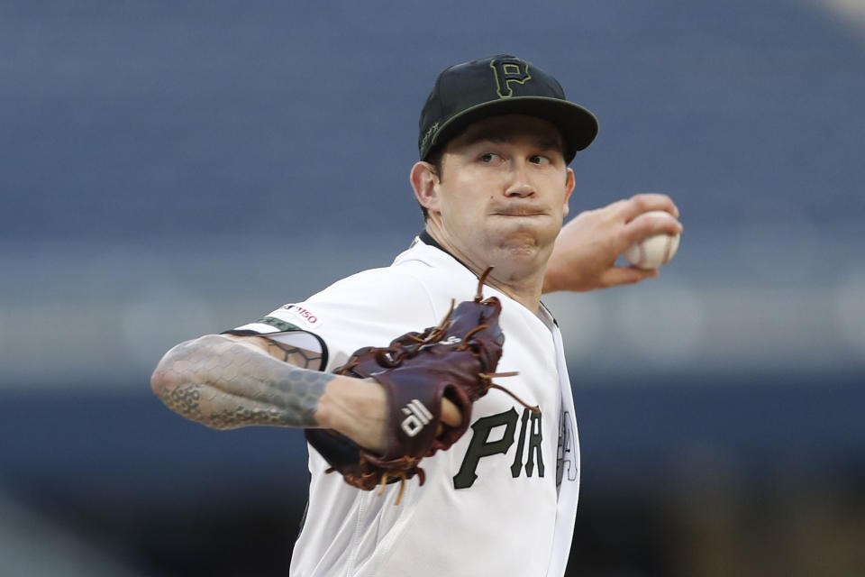 Pittsburgh Pirates starter Steven Brault pitches against the Washington Nationals in the first inning of a baseball game Thursday, Aug. 22, 2019, in Pittsburgh. (AP Photo/Keith Srakocic)