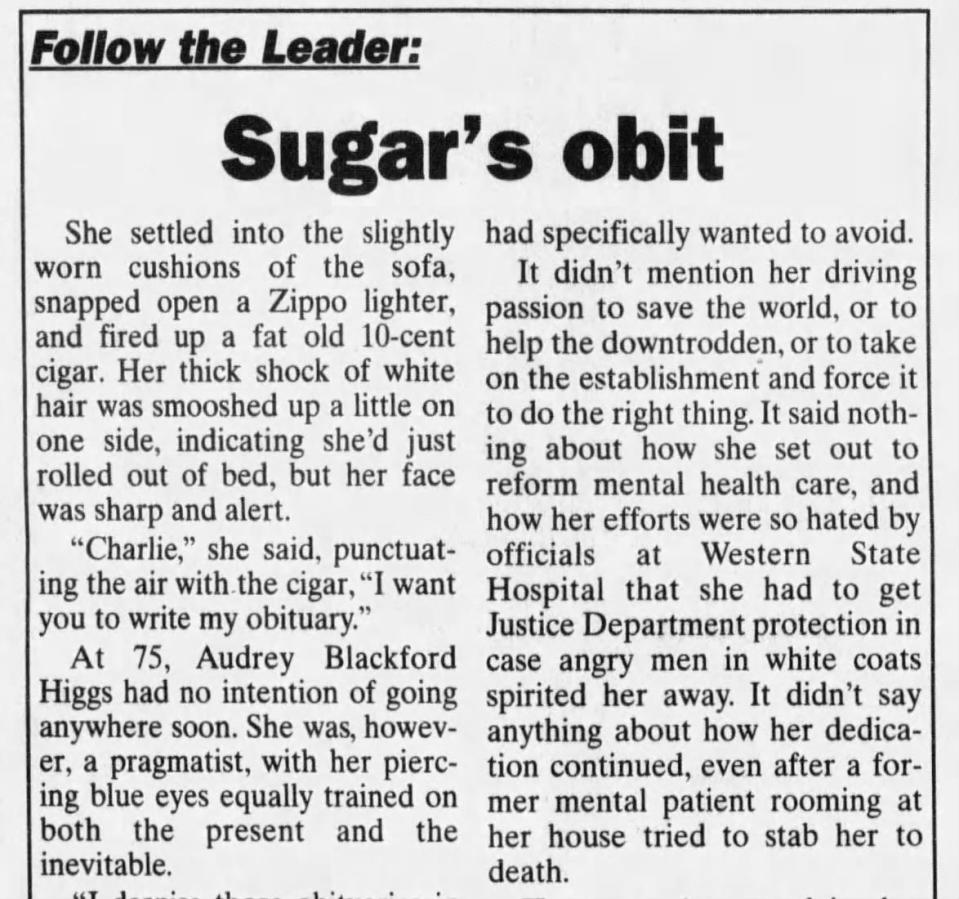Freelance writer and Leader columnist Charles Culbertson followed through on his promise to Audrey Higgs to write her obituary.