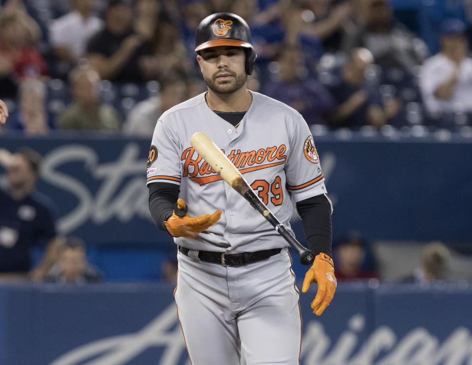 Baltimore Orioles' Renato Nunez strikes out against the Toronto Blue Jays during the ninth inning of a baseball game, Wednesday, Sept. 25, 2019 in Toronto, (Fred Thornhill/The Canadian Press via AP)