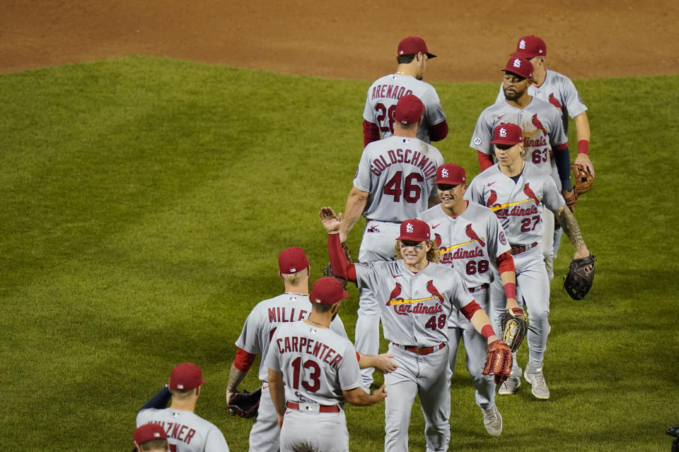 St. Louis Cardinals' Harrison Bader (48) celebrates with teammates after a baseball game against the New York Mets Wednesday, Sept. 15, 2021, in New York. The Cardinals won 11-4. (AP Photo/Frank Franklin II)