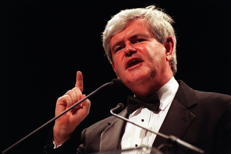 Speaker of the House Newt Gingrich addresses the 1996 Republican National Committee Gala on January 24, 1996, in Washington, D.C. On January 21, 1997, the full U.S. House of Representatives voted 395-28 to reprimand Speaker Newt Gingrich, R-Ga., for violating House rules and misleading congressional investigators looking into his possible misuse of tax-exempt donations for political purposes. UPI File Photo