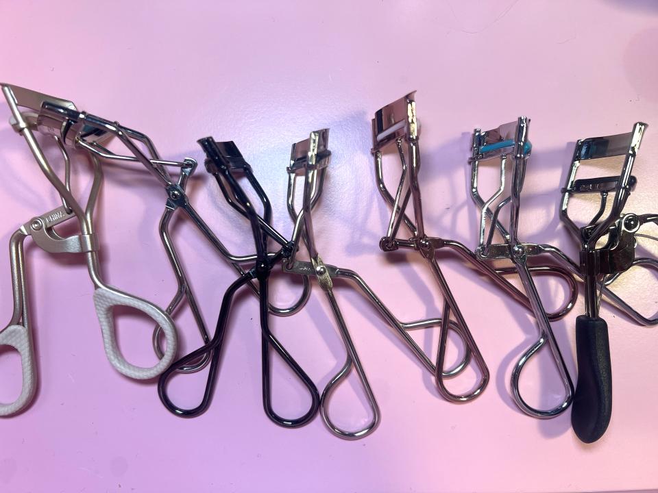 eyelash curlers from Revlon, Shu Uemura,  Shiseido, Tweezerman, Jenny Patinkin, Thrive Causemetics and E.lf. Cosmetics. 