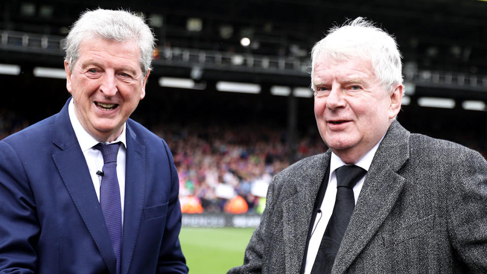 BBC commentator, John Motson recieves an award from Roy Hodgson for his services to commentary after the Premier League match between Crystal Palace and West Bromwich Albion in 2018.
