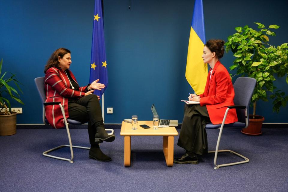Katarina Mathernova (L), the European Union's ambassador to Ukraine, sits for an interview with the Kyiv Independent's chief editor Olga Rudenko at the headquarters of the EU Delegation to Ukraine in central Kyiv on Nov. 8. (Liza Pyrozhkova/The Kyiv Independent)