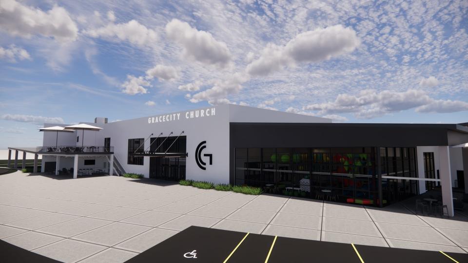 An artist's rendering shows the exterior of the main building that Grace City Church plans to build on a 50-acre property north of Highland City. Grace City leaders are raising funds for the first phase of the project.