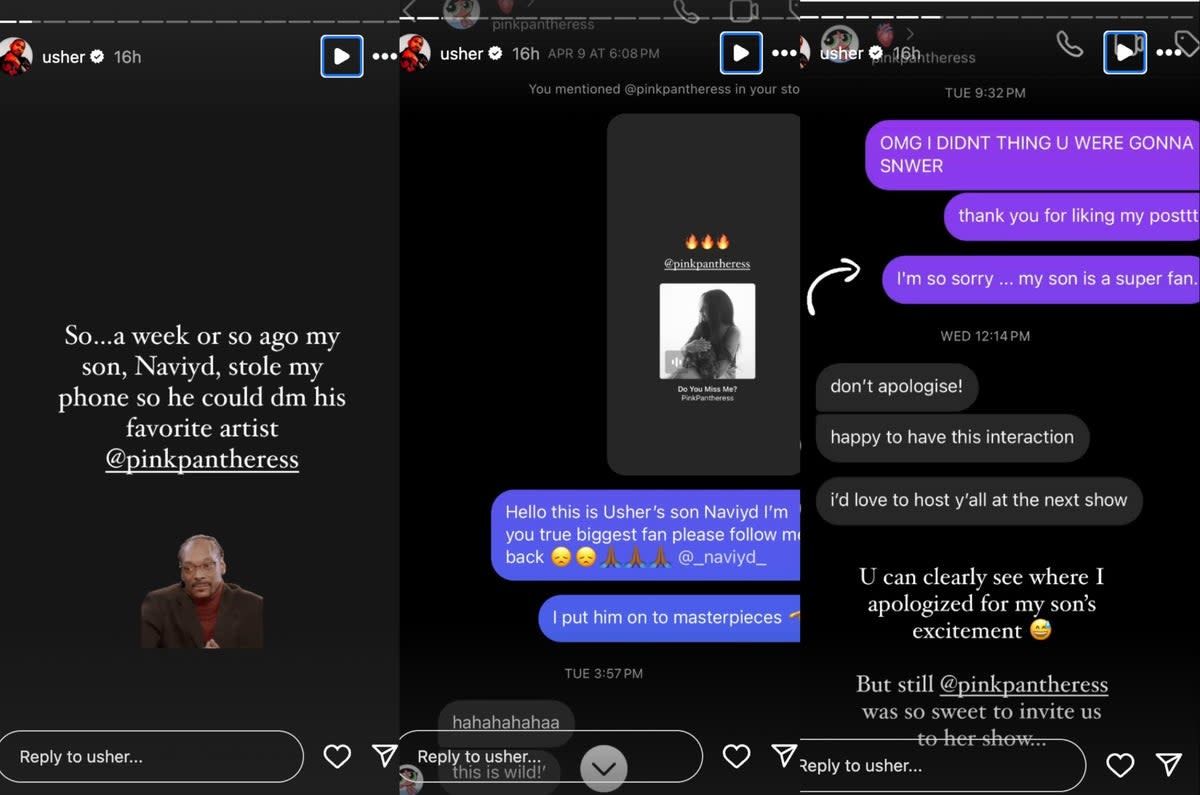 Usher’s DMs with PinkPantheress (Usher on Instagram screenshots)