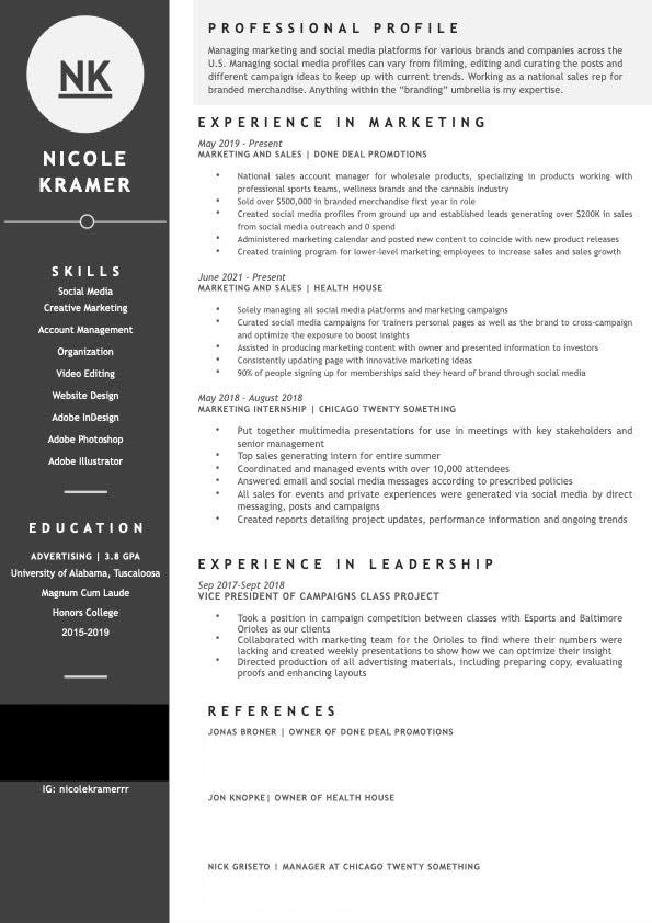 The resume Nicole Kramer used to get hired as Mary FItzgerald's personal assistant. It shows social media and personal branding experience in West Hollywood, CA and a degree in advertising.