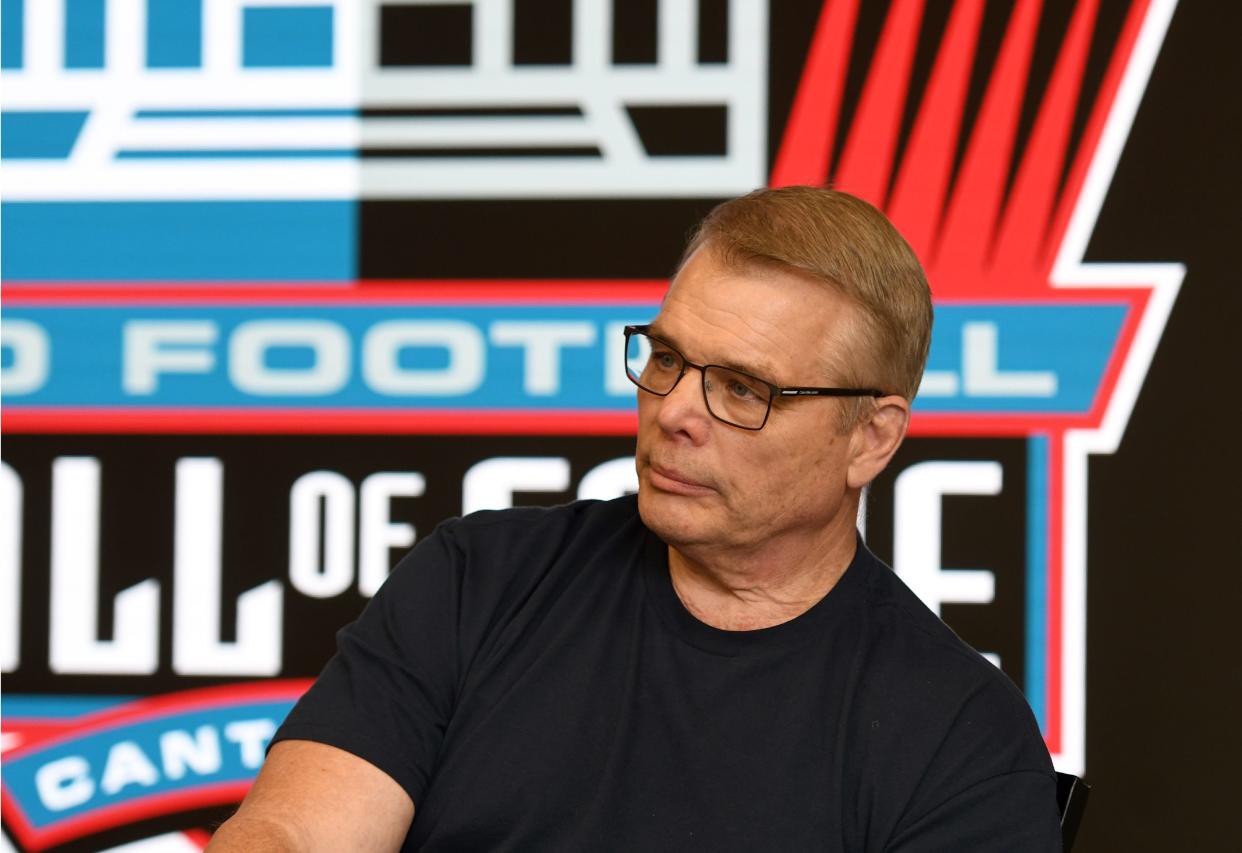 Class of 2023 enshrinee Joe Klecko answers a question at the Pro Football Hall of Fame during a visit to Canton, Thursday,  March 16, 2023.