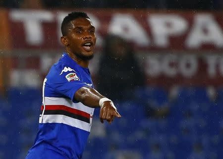 Sampdoria's Samuel Eto'o reacts during their match against AS Roma during their Italian Serie A soccer match at the Olympic stadium in Rome March 16, 2015. REUTERS/Tony Gentile