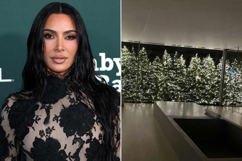 <p>Monica Schipper/Getty; Kim Kardashian/Instagram</p> Kim Kardashian revealed a line of glittering Christmas trees on display in her bathroom on Sunday.