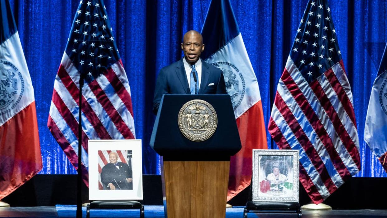 <div>NEW YORK, UNITED STATES - 2022/04/26: Mayor Eric Adams delivers State of the City address and reflection on the first 100 days of his administration at Kings Theatre. Mayor Adams also unveiled a balanced budget for the next fiscal year. Mayor reviewed key achievements of the his administration from his first 100 days in office and previewed plans to promote an equitable recovery and investments. The main line of mayor speech was safer and more just city. <strong>(Photo by Lev Radin/Pacific Press/LightRocket via Getty Images)</strong></div>