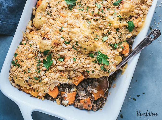 Creamy Vegan Lentil and Roasted Vegetable Bake