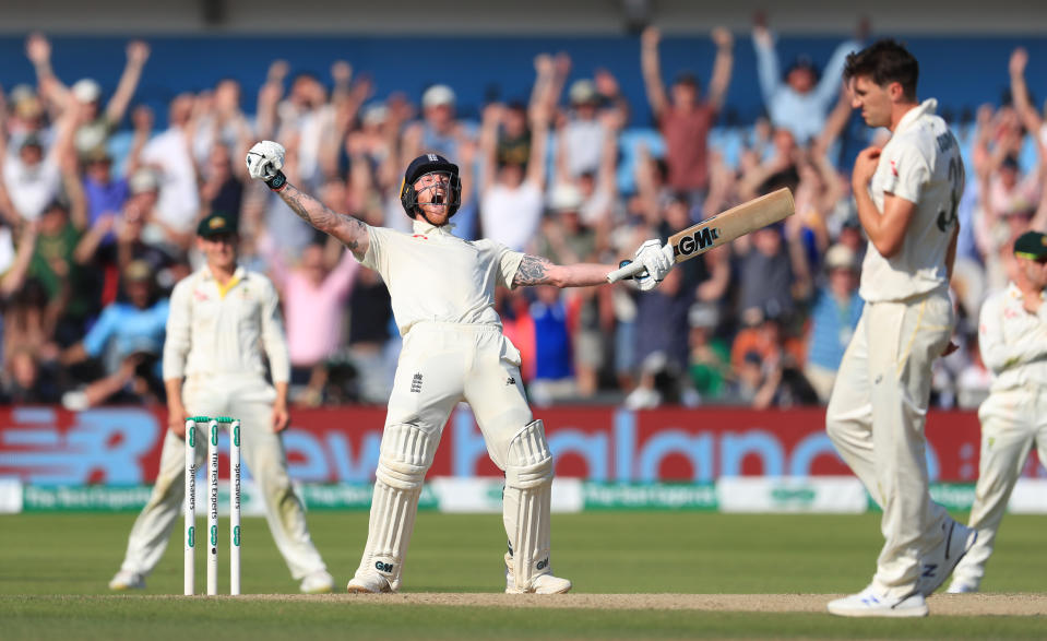 England's Ben Stokes celebrates winning the third Ashes Test match at Headingley. (Credit: Getty Images)