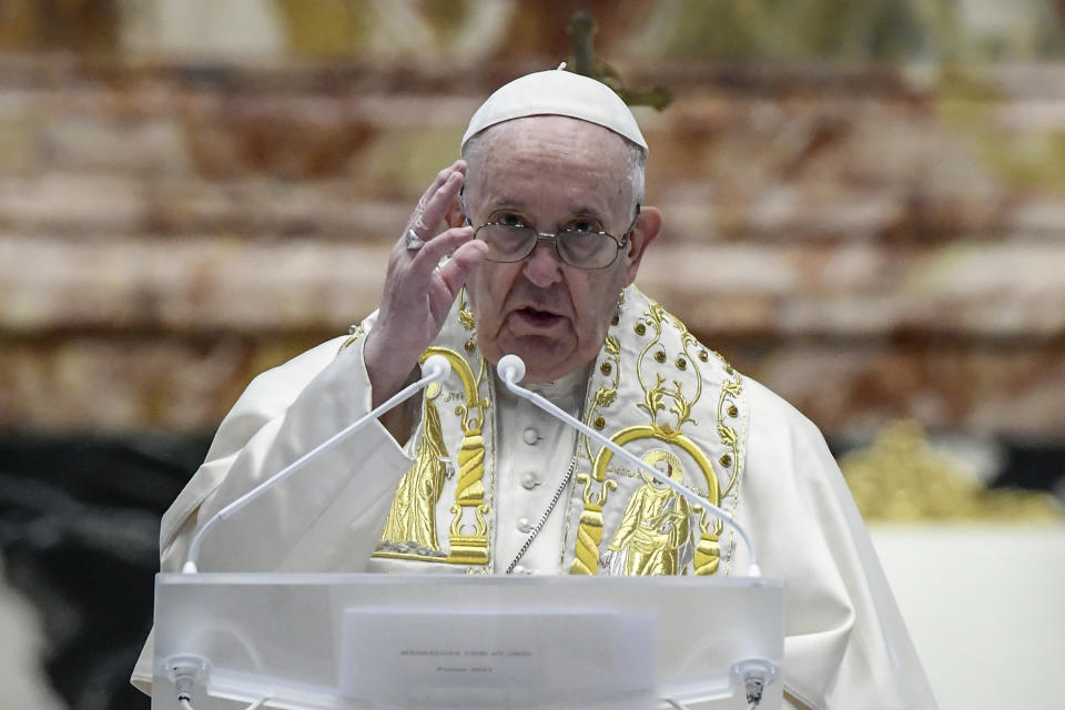 Pope Francis delivers his Urbi et Orbi blessing after celebrating Easter Mass at St. Peter's Basilica at The Vatican Sunday, April 4, 2021, during the Covid-19 coronavirus pandemic. (Filippo Monteforte/Pool photo via AP)