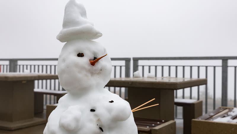 A snowman at Hidden Peak at Snowbird on Monday. Snowbird saw its first snowfall of the season on Labor Day.