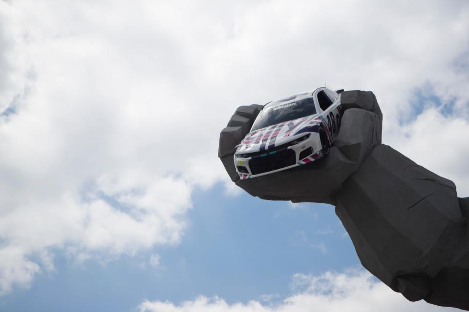 The #42 car is held by the Monster Monument at Victory Plaza, presented by Ally in front of Dover Motor Speedway Wednesday, April 27, 2022. 