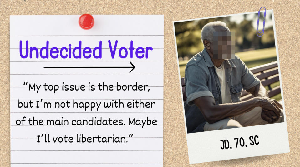 An undecided voter's statement pinned on board; elderly man sitting on bench. Text summary: Voter's top issue is the border, considers libertarian vote