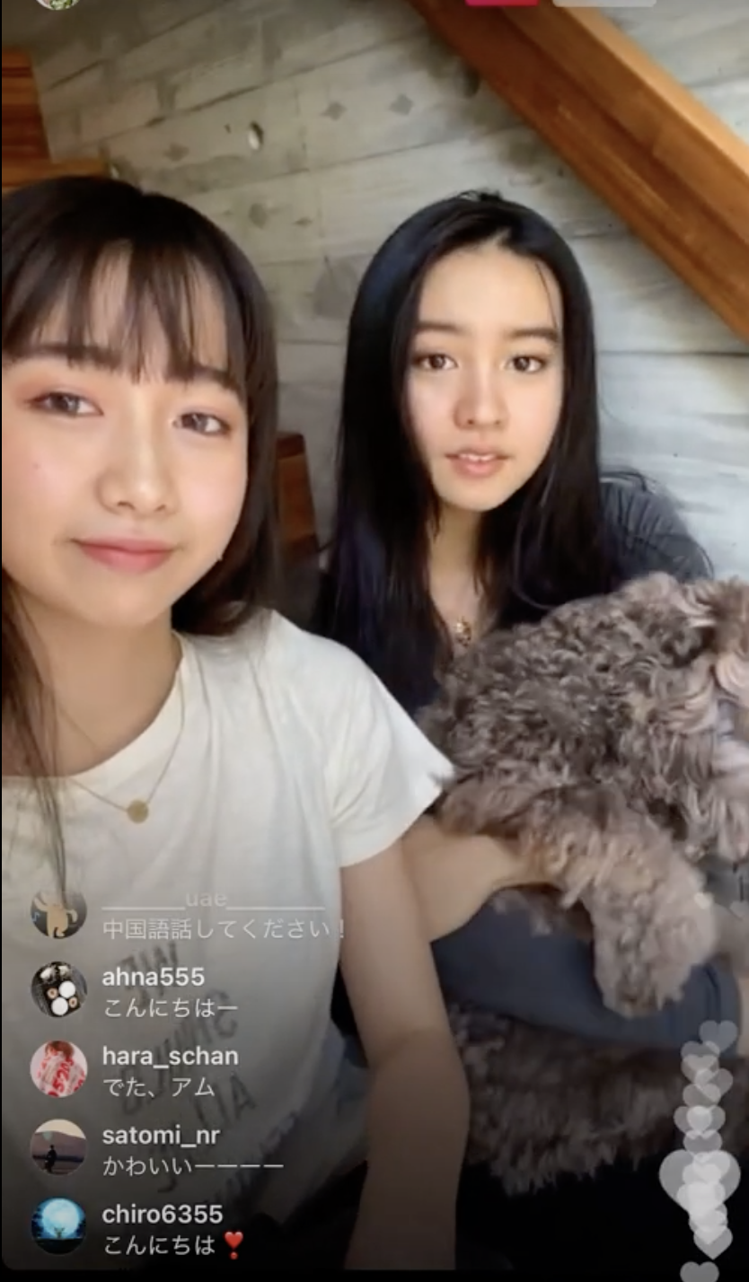 光希（右）之後抱著愛犬，加入姊姊的直播。（翻攝cocomi_553_official IG）