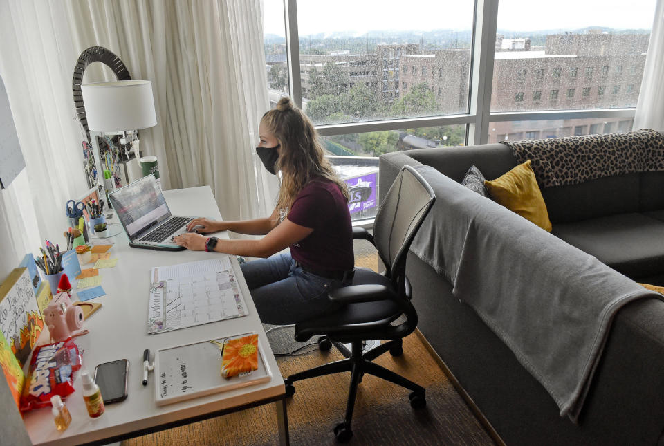 Reading, PA - September 3: Tessa Beck, from Palmyra, NJ, an Occupational Therapy major and an RA, in her room at the DoubleTree. At the DoubleTree by Hilton Hotel on Penn Street in Reading Thursday evening September 3, 2020 where Alvernia University is housing some of their students as part of its efforts to reduce the population in its on-campus residence halls as a precaution against COVID-19 / coronavirus. (Photo by Ben Hasty/MediaNews Group/Reading Eagle via Getty Images)