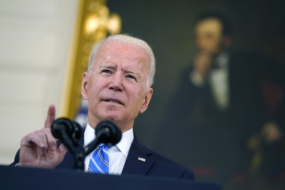 In this July 19, 2021 photo, President Joe Biden speaks about the economy and his infrastructure agenda in the State Dining Room of the White House, in Washington. A new poll from The Associated Press-NORC Center for Public Affairs Research finds that 54% of Americans judge the economy to be in poor shape. That's compared with 45% who say conditions are good. (AP Photo/Andrew Harnik)