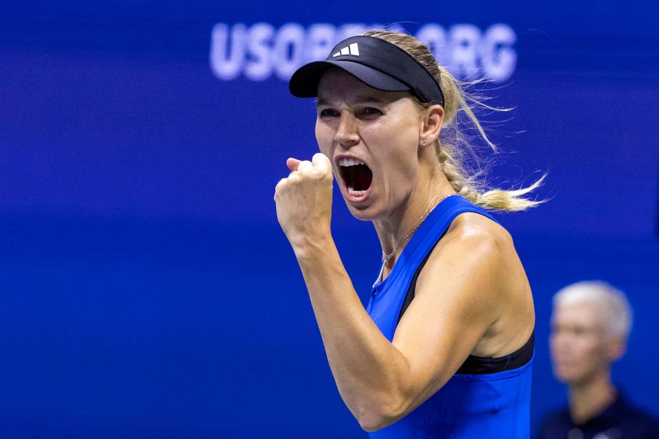 Denmark's Caroline Wozniacki reacts after a point won against Czech Republic's Petra Kvitova during the US Open tennis tournament women's singles second round match at the USTA Billie Jean King National Tennis Center in New York City, on August 30, 2023. (Photo by COREY SIPKIN / AFP) (Photo by COREY SIPKIN/AFP via Getty Images)