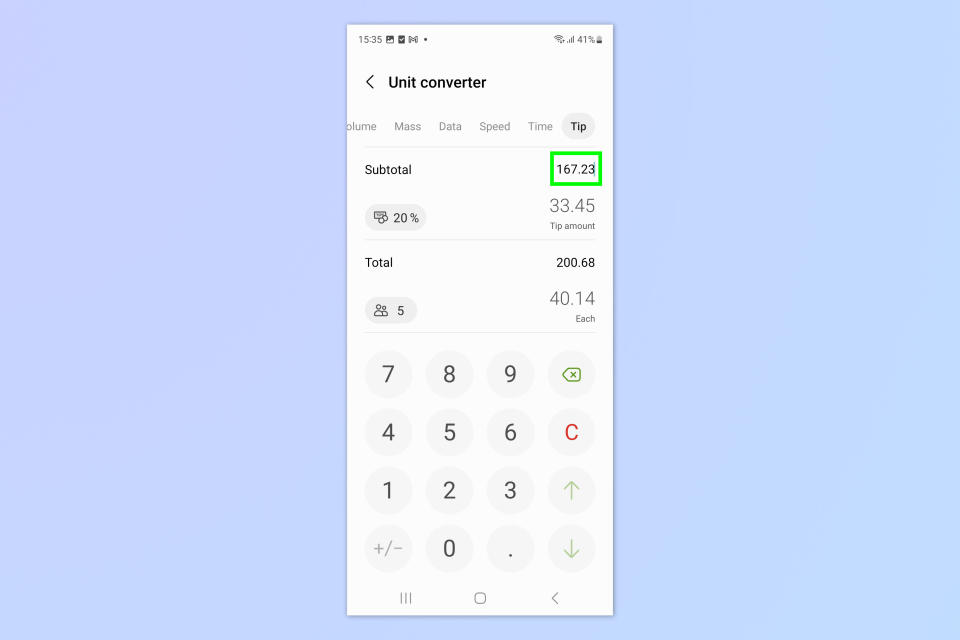 A screenshot showing how to use the tip calculator on Samsung Galaxy devices