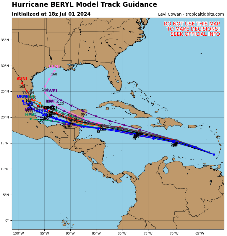 A “spaghetti model” of Hurricane Beryl, showing the various possible paths the storm could take in the coming days. One path, highlighted in pink, shows the storm blowing into the Gulf Coast near Texas and Louisiana (tropicaltidbits.com)