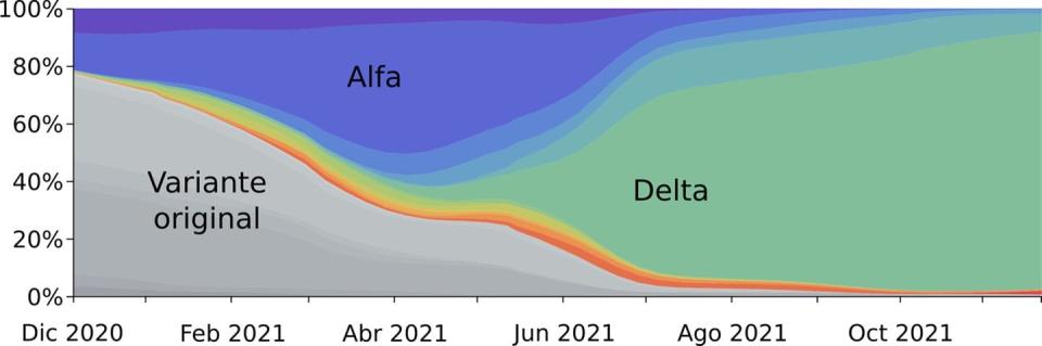 <span class="caption">Figura 1. Frecuencia de las diferentes variantes en el mundo. En gris se muestra la prevalencia del SARS-CoV-2 original. La variante Alfa se muestra en azul y la variante Delta que hasta ahora presentaba la mayor transmisibilidad en verde.</span> <span class="attribution"><span class="license">Author provided</span></span>