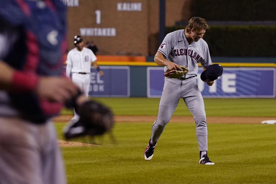 Cleveland Guardians relief pitcher James Karinchak reacts after striking out Detroit Tigers designated hitter Kerry Carpenter with the bases loaded during the eighth inning of a baseball game, Wednesday, Aug. 10, 2022, in Detroit. (AP Photo/Carlos Osorio)