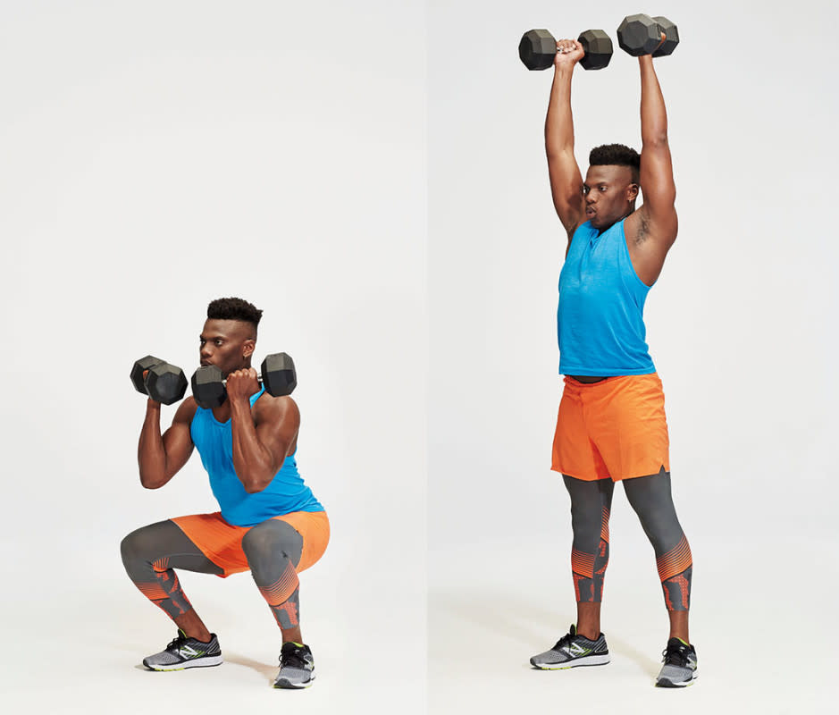 How to Do It:<ol><li>Stand with feet shoulder-width apart with dumbbells in the front-rack position. </li><li>Keeping weights near shoulders, lower into a squat. </li><li>Explode to standing position, activating glutes, pressing hips forward, and locking out knees at the top of the rise. </li><li>Use the momentum to help drive the weights overhead, palms facing each other. </li><li>Immediately reverse the motion, lowering weights to front-rack position and transitioning into a squat. That's 1 rep.</li></ol>