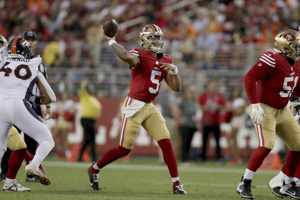 San Francisco 49ers quarterback Trey Lance (5) throws during an NFL football game against the Denver Broncos, Saturday, Aug 19, 2023, in Santa Clara, Calif. (AP Photo/Scot Tucker)