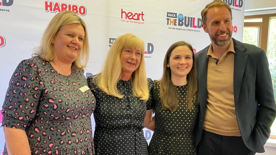 Gareth Southgate with Martin House chief Clair Holdsworth and two mums whose children have used the service
