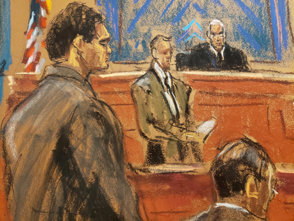 In this courtroom sketch, FTX founder Sam stands as the jury foreman reads the verdict in his fraud trial over the collapse of the bankrupt cryptocurrency exchange in federal court in New York City, U.S., on November 2, 2023. Mr. Bankman Freed is pictured.  November 2, 2023.Reuters/Jane Rosenberg