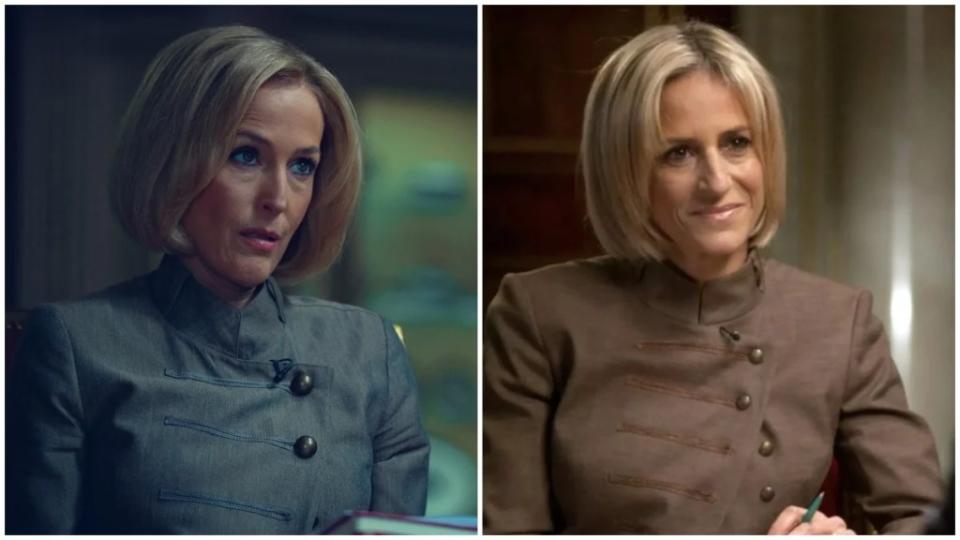 Side-by-side images of Gillian Anderson playing Emily Maitlis in Netflix's film Scoop and Emily Maitlis in her BBC interview with Prince Andrew.