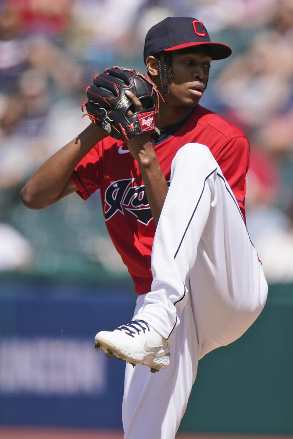Cleveland Indians starting pitcher Triston McKenzie delivers in the first inning of the first baseball game of a doubleheader against the Chicago White Sox, Monday, May 31, 2021, in Cleveland. (AP Photo/Tony Dejak)