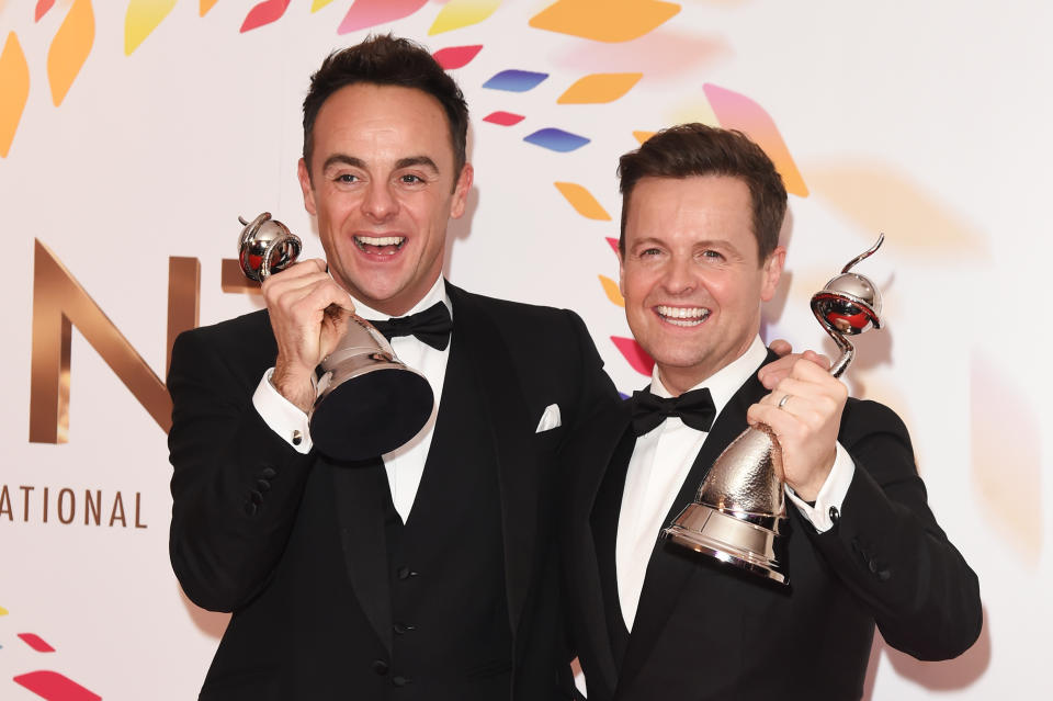 LONDON, ENGLAND - JANUARY 28:  Anthony McPartlin and Declan Donnelly, winners of the Best TV Presenter award, pose in the winners room at the National Television Awards 2020 at The O2 Arena on January 28, 2020 in London, England. (Photo by David M. Benett/Dave Benett/Getty Images)