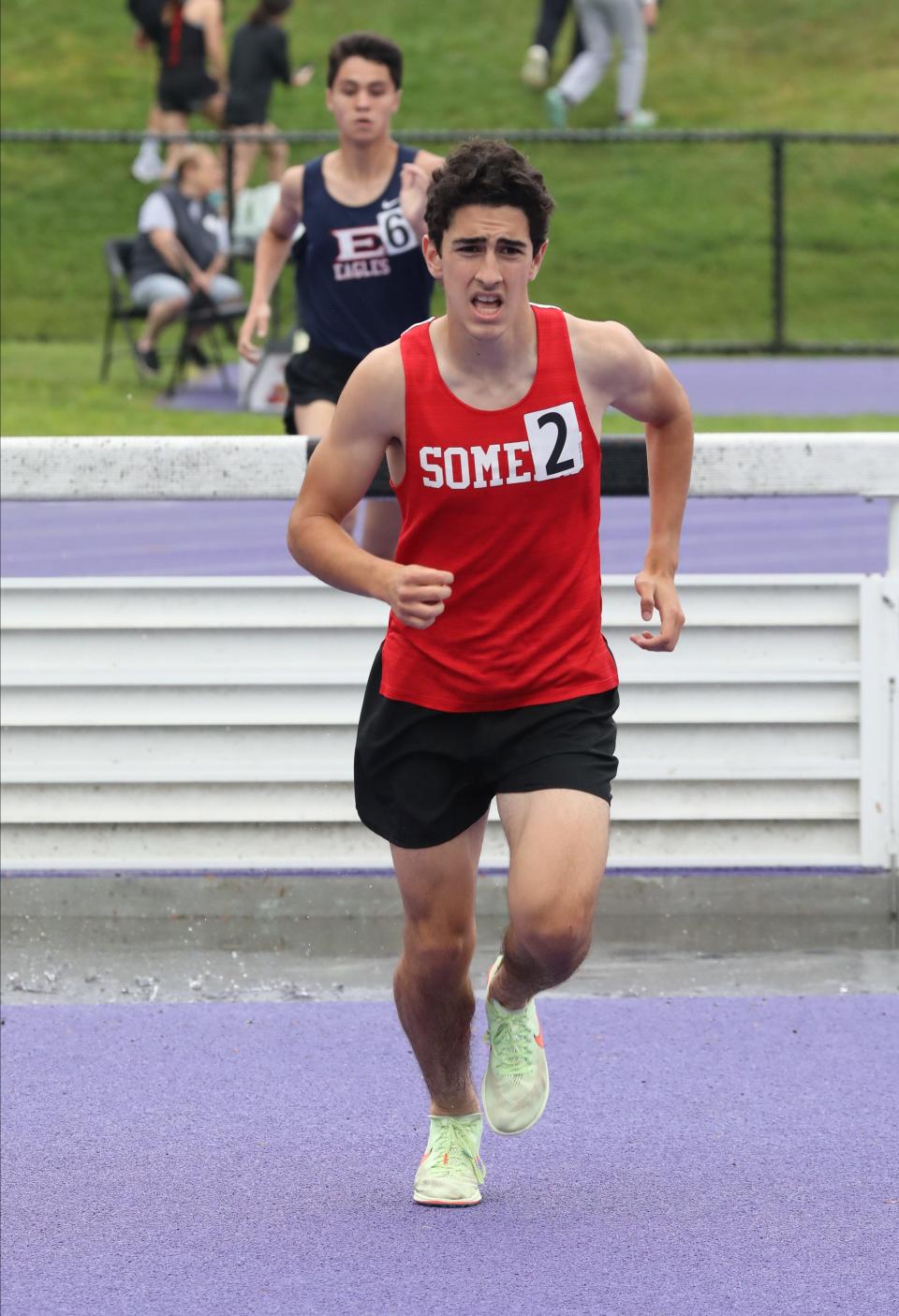 Aiden Meza from Somers competes in the boys 3,000-meter steeplechase on day 2 of the Westchester County Track & Field Championships held at John Jay High School in Cross River, May 21, 2022. Meza won the event.