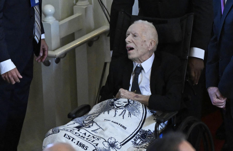 Former US President Jimmy Carter arrives for a tribute service for former US First Lady Rosalynn Carter (Andrew Caballero-Reynolds / AFP via Getty Images)