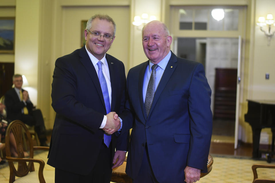 Morrison, left, with Governor-General Sir Peter Cosgrove after the ceremony. Source: AAP