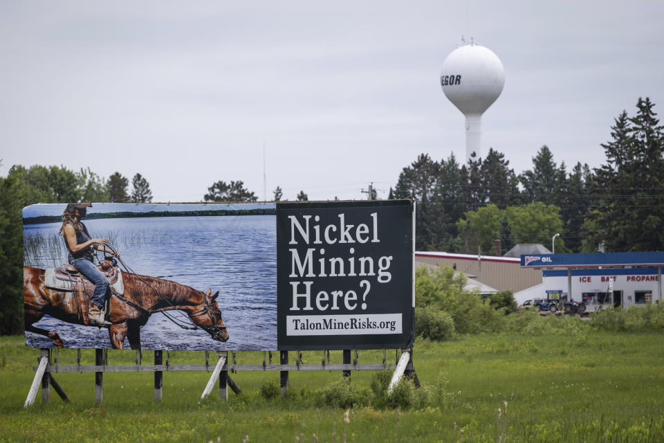 A billboard critical of the nickel mining operations is pictured outside of McGregor, Minn. on Wednesday, June 7, 2023. Talon Metals Corp. has filed papers with Minnesota regulators to launch the environmental review process for its proposed underground nickel mine near the town of Tamarack in northern Minnesota. (Ben Hovland/Minnesota Public Radio via AP)