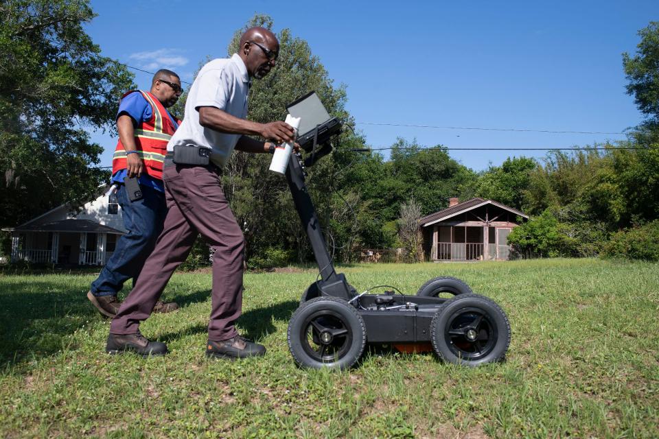 Pensacola Energy's Daron Roberts and Greg Sanders use ground penetration radar to map parts of the Miraflores Park on Monday, May 22, 2023.  The National Park Service provided a grant to conduct a more thorough GPR survey.