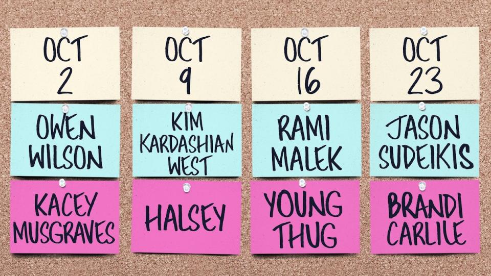 A cork board with the first four hosts and musical guests for Saturday Night Live season 47.