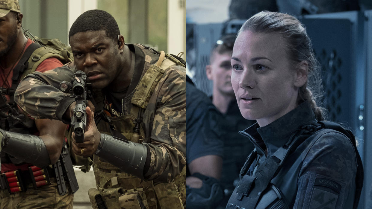 Sam Richardson and Yvonne Strahovski both play scientifically-minded characters in sci-fi blockbuster 'The Tomorrow War'. (Amazon Prime Video)