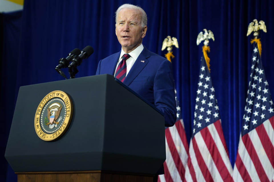 President Biden speaks about his administration's efforts to reduce gun violence in Monterey Park, Calif., on Tuesday. (AP Photo/Evan Vucci)