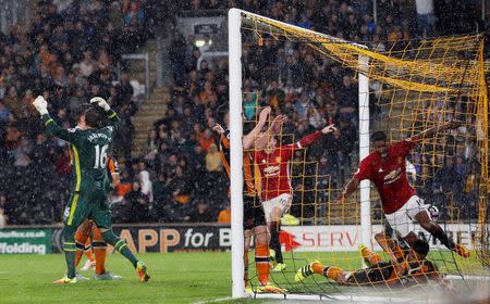 Football Soccer Britain- Hull City v Manchester United - Premier League - The Kingston Communications Stadium - 27/8/16 Manchester United's Marcus Rashford scores their first goal Action Images via Reuters / Lee Smith