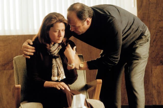 <p>HBO / Courtesy Everett</p> Lorraine Bracco and James Gandolfini during season 3 of 'The Sopranos.'