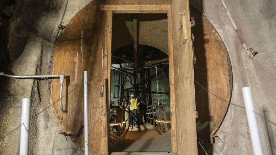 A group with the  Army Corps of Engineers tours one of the empty tanks at Red Hill Bulk Fuel Storage Facility in Hawaii Feb. 24. (Sgt. Sarah Stegall/Marine Corps)