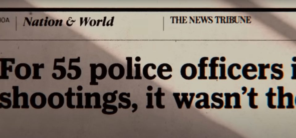 Cut off newspaper heading reads "For 55 police officers... shootings, it wasn't"